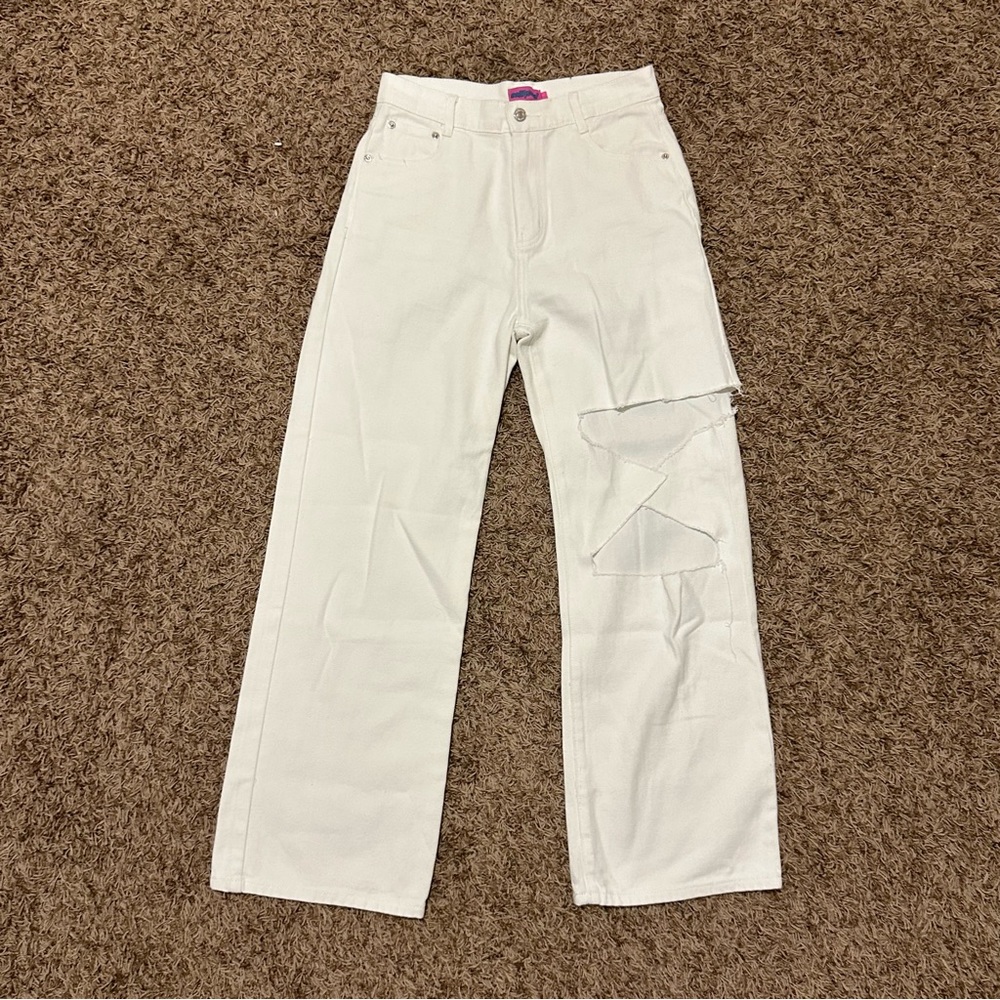 White high waisted ripped wide leg jeans